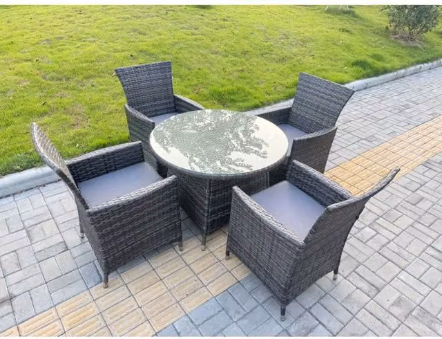 Fimous 4 Seater Rattan Garden Furniture Set with Round Table and Chairs in Dark Grey, Diameter: 120 cm