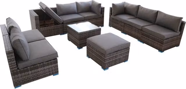 Furniture One Grey Rattan 9 Seater Modular L-Shape Outdoor Garden Sofa Set with Upholstered Cushions and Matching Ottoman