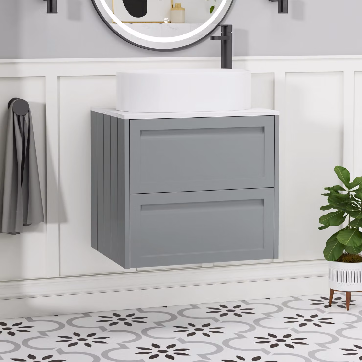 Royal Bathrooms Elmore Wall Hung Countertop Vanity Unit with Peak Basin, Matt Pebble Grey, Width: 60 cm