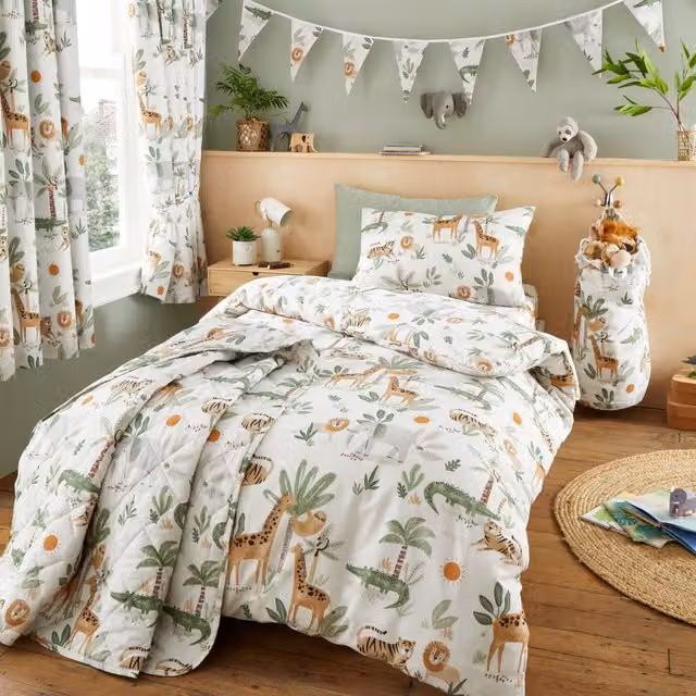 Happy Linen Company Jungle Safari Animals Reversible Duvet Cover and Pillowcase Set, Ivory and Beige, Single, W: 90 cm, H: 200 cm
