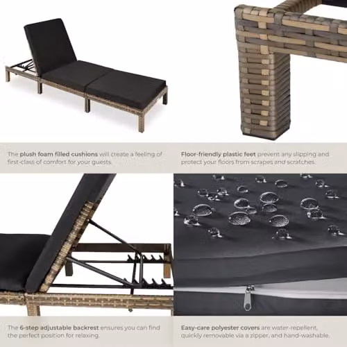 tectake Luxury Rattan Garden Sun Lounger with 6 Adjustable Backrest Positions and Comfortable Padding in Natural – 7