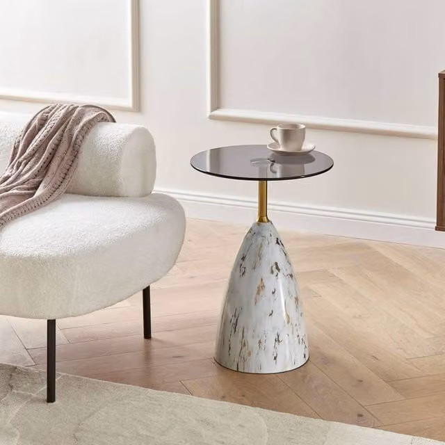 Wyld and Coco Compact Round Side Table with White Glass Top and Gold Metal Base, W/D/H: 56 x 56 x 40 cm
