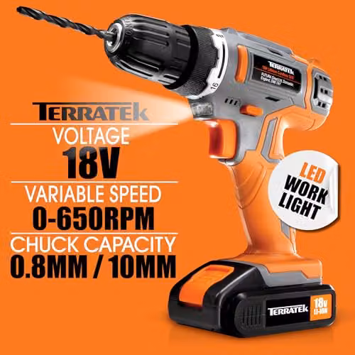 Terratek 18V Cordless Drill and Screwdriver Set with 13pc Kit, Rechargeable Battery and Case in Grey and Orange – 7