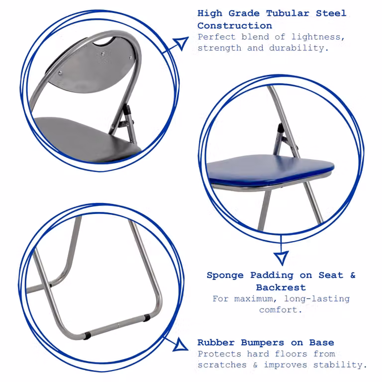 Harbour Housewares Blue Padded Folding Desk Chair with Metal Frame