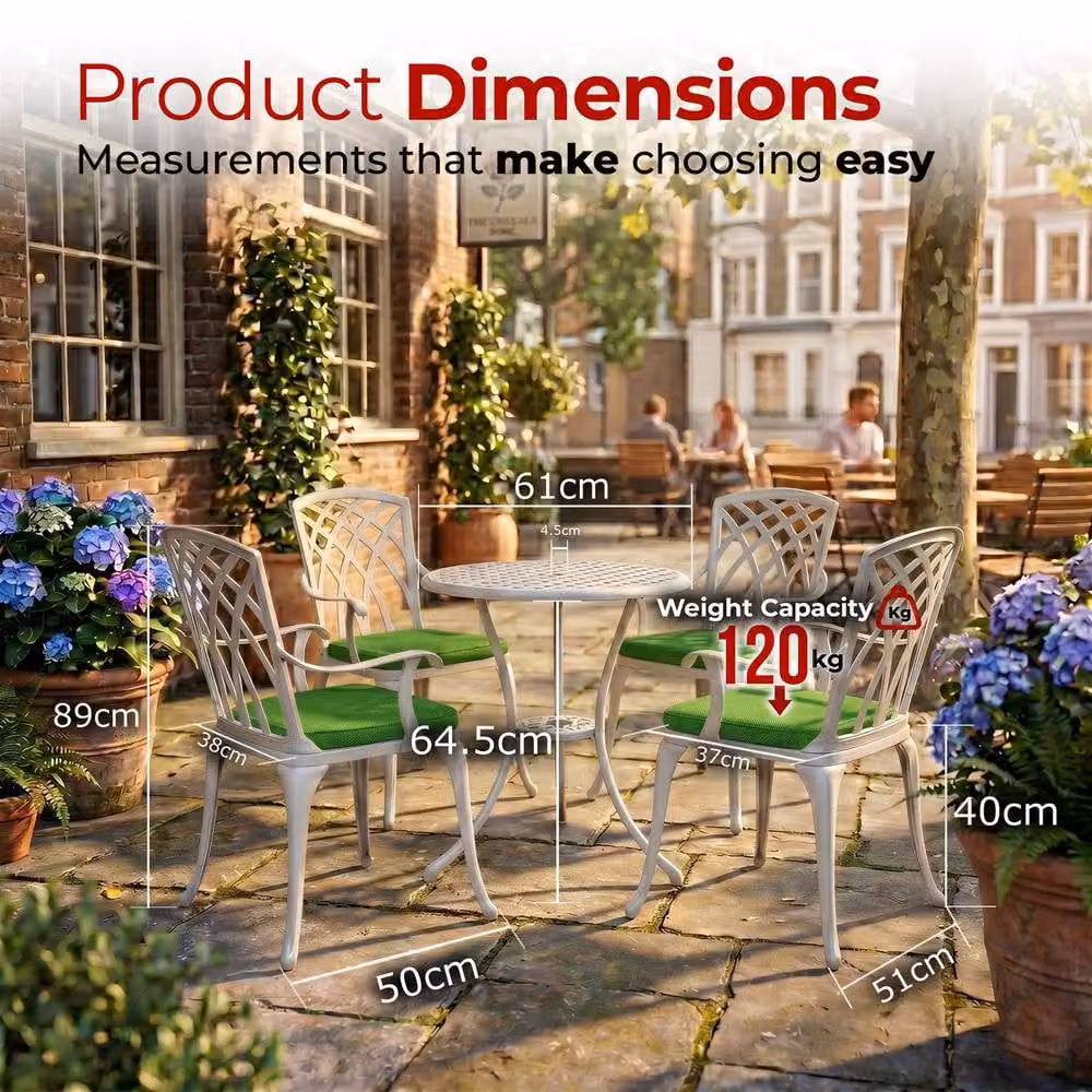 Centurion OSHOWA 5-Piece Cast Aluminium Bistro Set with Round Table and 4 High-Back Armchairs, White with Green Cushions – 6