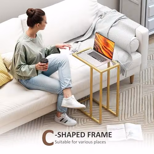 HOMCOM Modern C-Shaped Side Table with Glass Top and Gold Metal Frame, W/D/H: 46 x 25 x 63.5 cm – 4