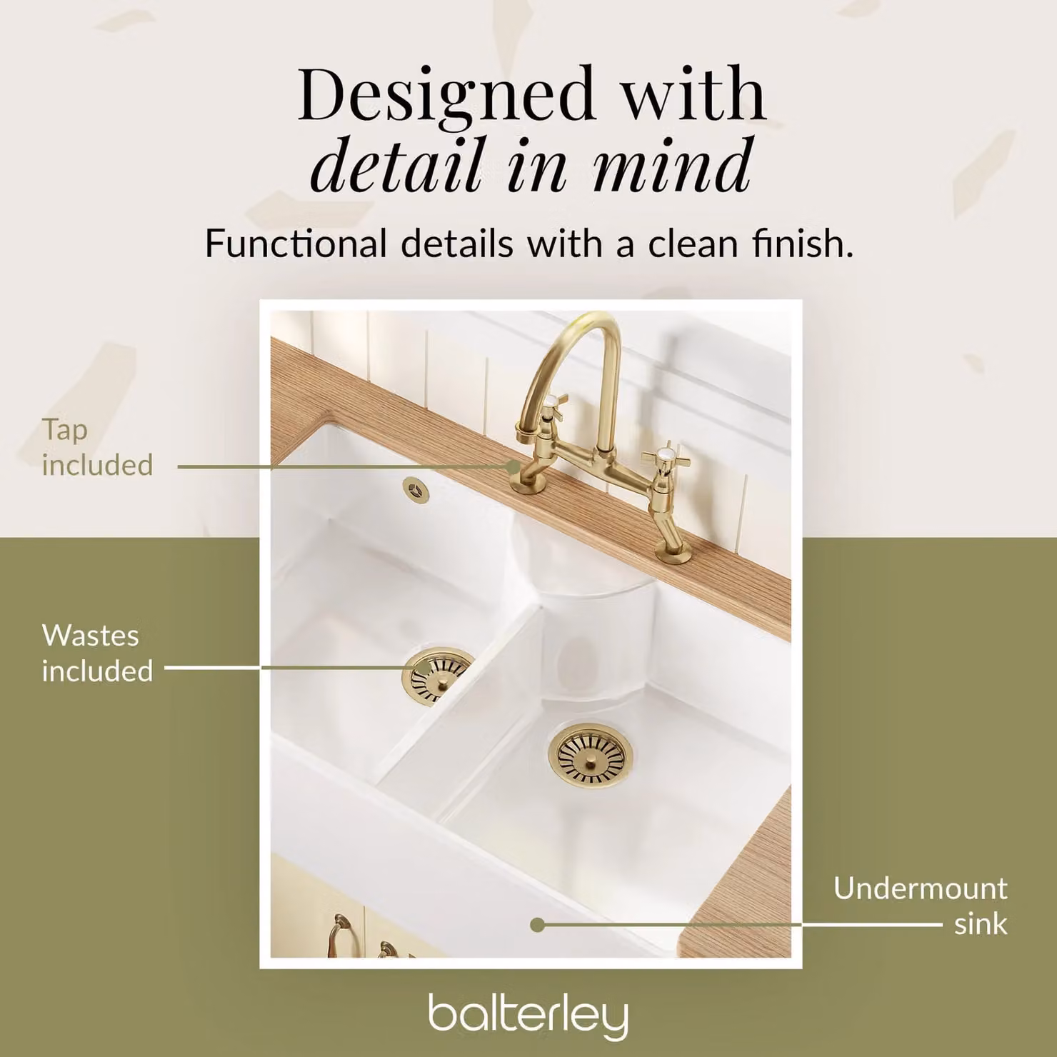 Balterley White Ceramic Butler Sink with Double Bowl and Brushed Brass Bridge Mixer Tap and Wastes, W: 89.5 cm – 2