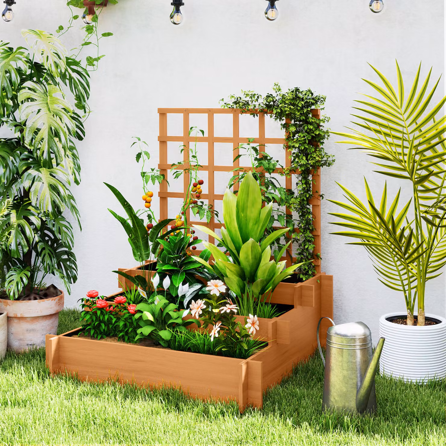 Outsunny 3 Tier Wooden Garden Planters with Trellis for Vine Climbing, Brown, W/D/H: 95 x 95 x 110 cm – 2