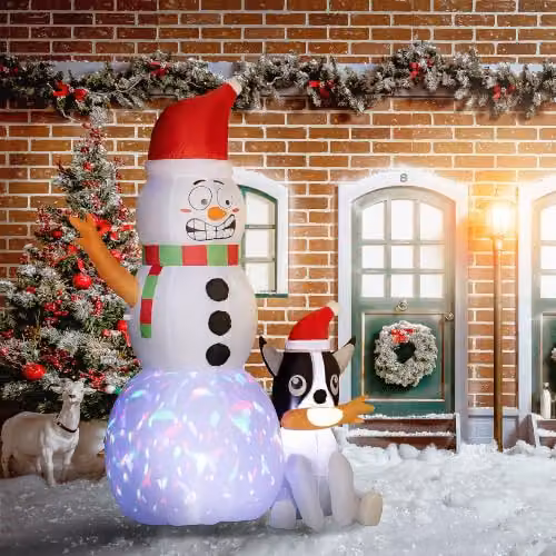 Outsunny 6.2ft Inflatable Christmas Snowman with Dog, White and Multicolour Outdoor Decoration with LED Display – 2