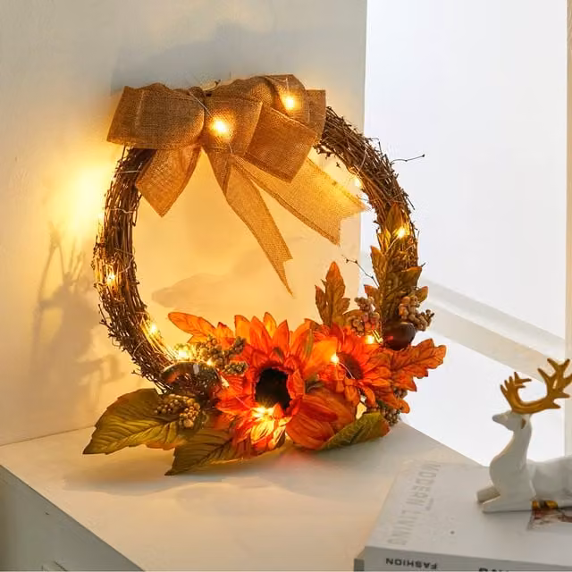 Livingandhome Autumn Artificial Sunflower Wreath with LED in Orange, Green and Brown