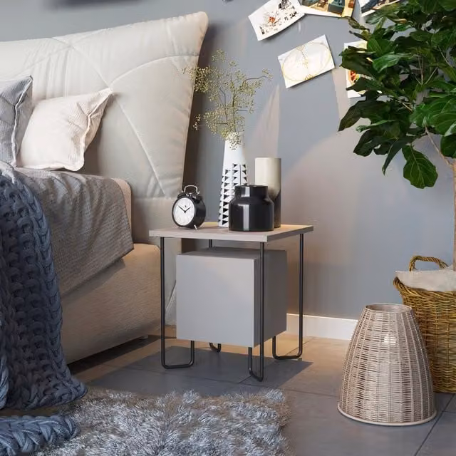 FWStyle Modern 1 Door Bedside Table Nightstand Cabinet with Black Metal Frame in Mocha Grey