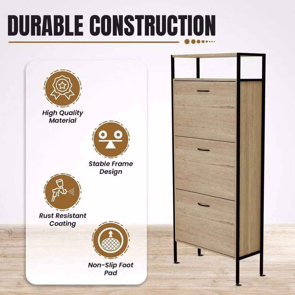 FORGEVIO Industrial 3-Drawer Wooden Shoe Storage Cabinet in Natural Brown and Beige – 3