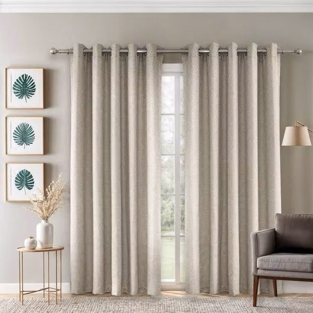 New Edge Blinds Amaranth Geometric Eyelet Curtains in Beige, Width: 116 cm, Drop: 137 cm – 1