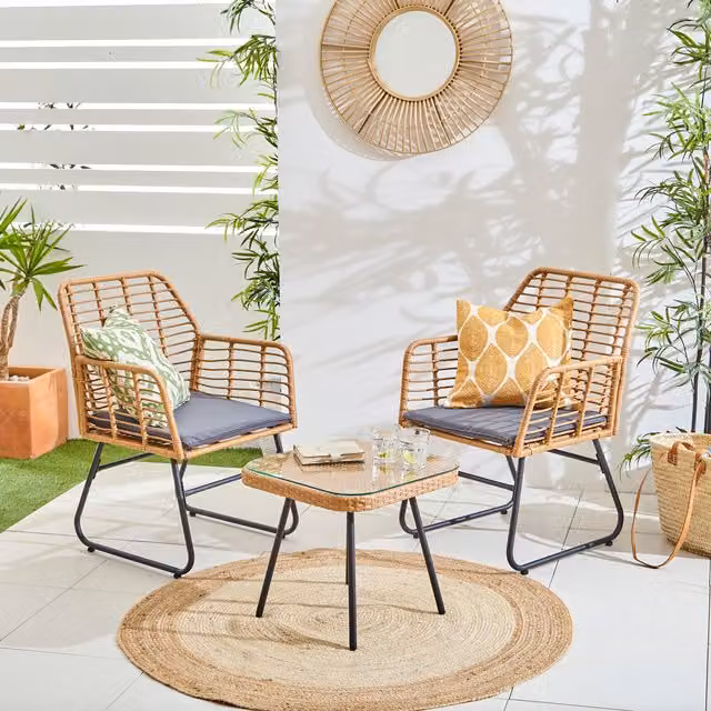 Neo 3 Piece Modern Grey Rattan and Glass Bistro Set with Square Table