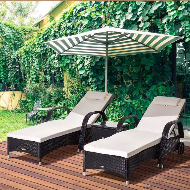 Outsunny 3 Piece Black Polyrattan Sun Lounger Set with Weatherproof Cushions and Side Table – 2