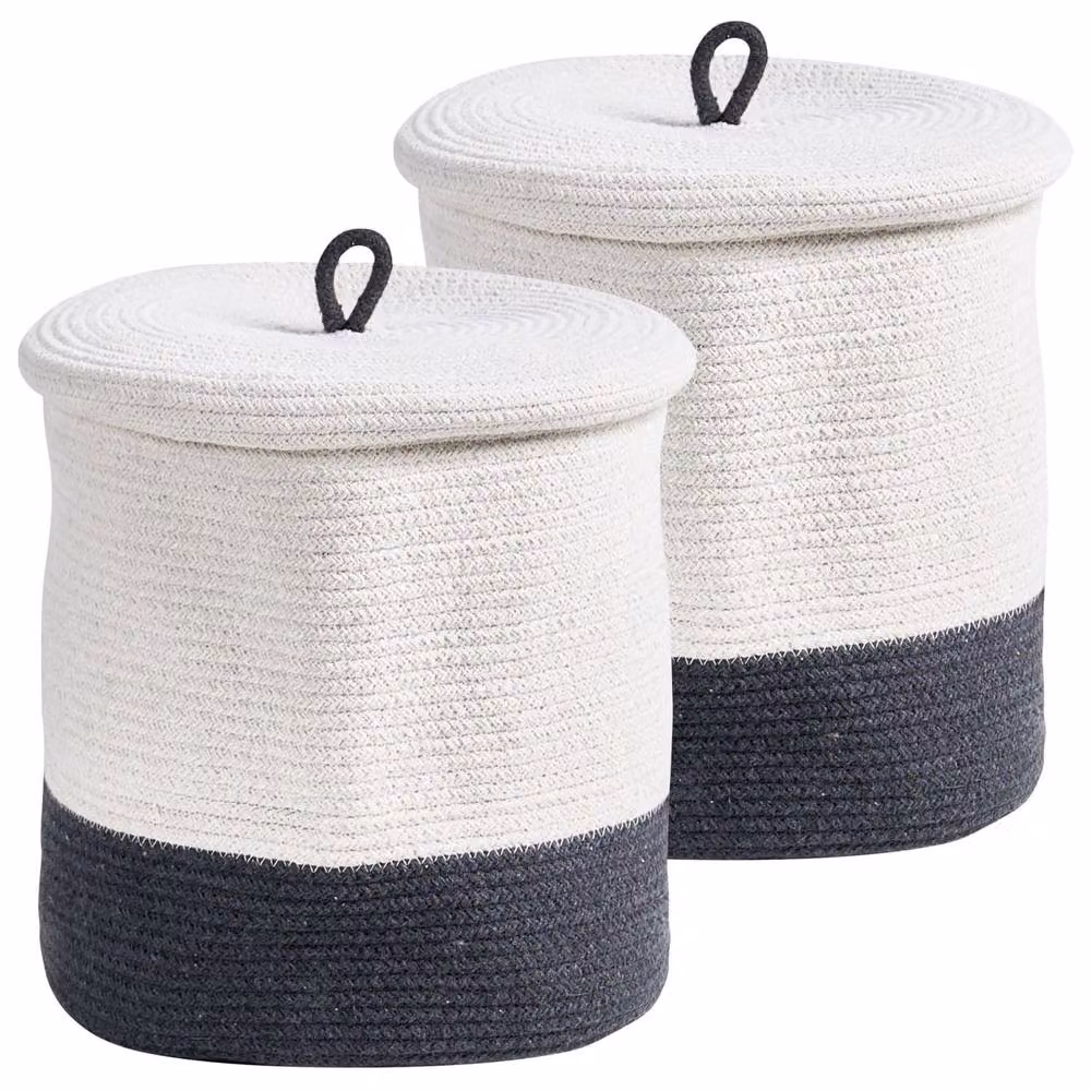Wyld and Coco Set of 2 Boho Cotton Round Storage Bins with Grey and White Lids – 2