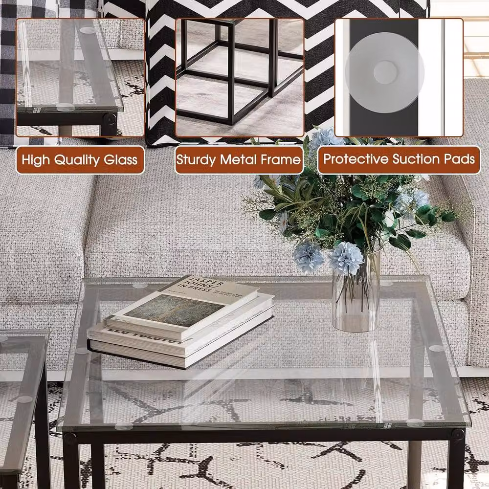 Huhote Set of 2 Modern Nesting Tables with Black Matt Metal Frame and Glass Tops – 7