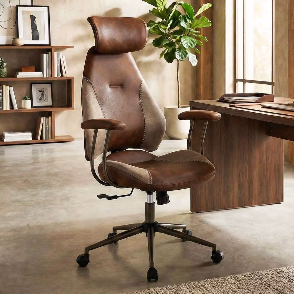 KORVIXA Brown Fabric Swivel Task Chair with Headrest and Armrests for Home Office – 5