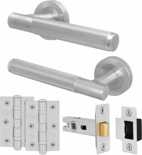 AFIT Satin Nickel Door Handle Latch Set in Silver with Aluminium Hinges, 150 x 150 mm