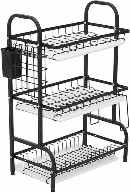 KORVIXA 3 Tier Dish Drainer Rack with Cutlery Holder and Drip Tray in Black Coated Steel – 1