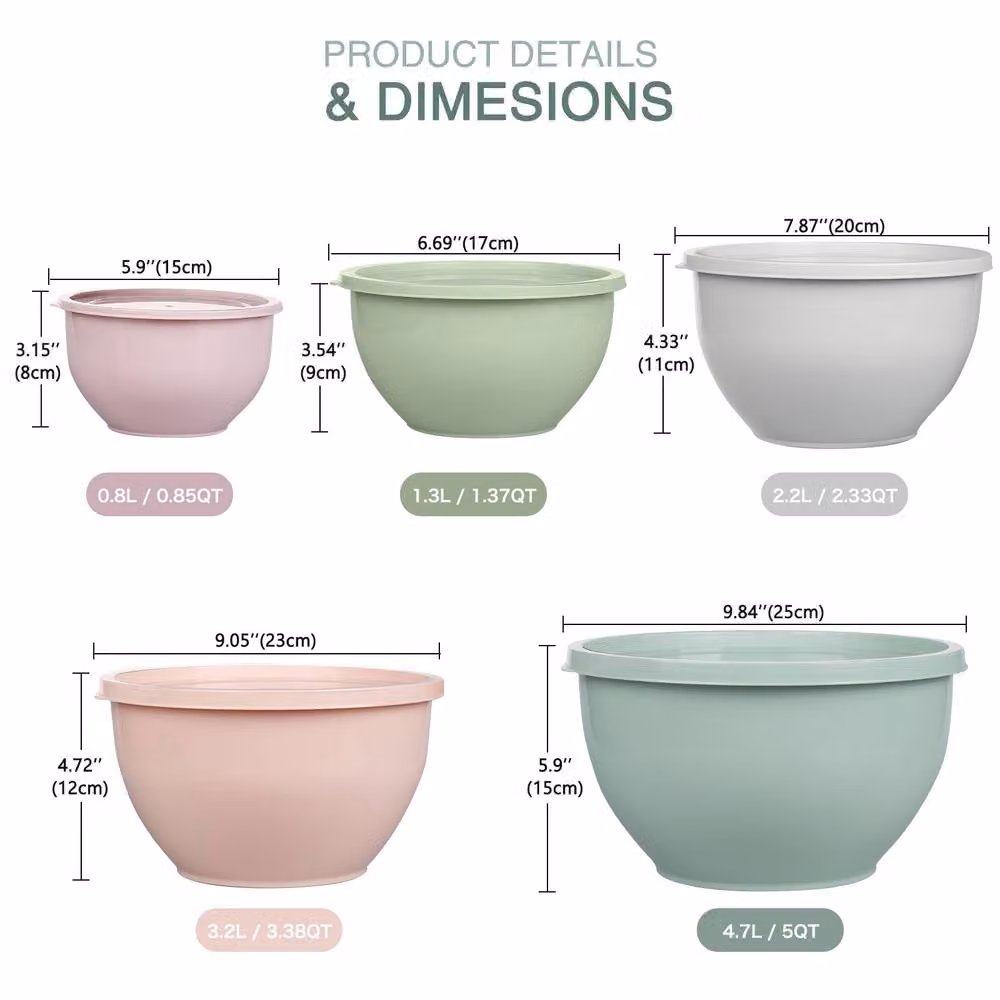 Greentainer Multicolour Nesting Plastic Mixing Bowls 5-Piece Set with Lids – 2