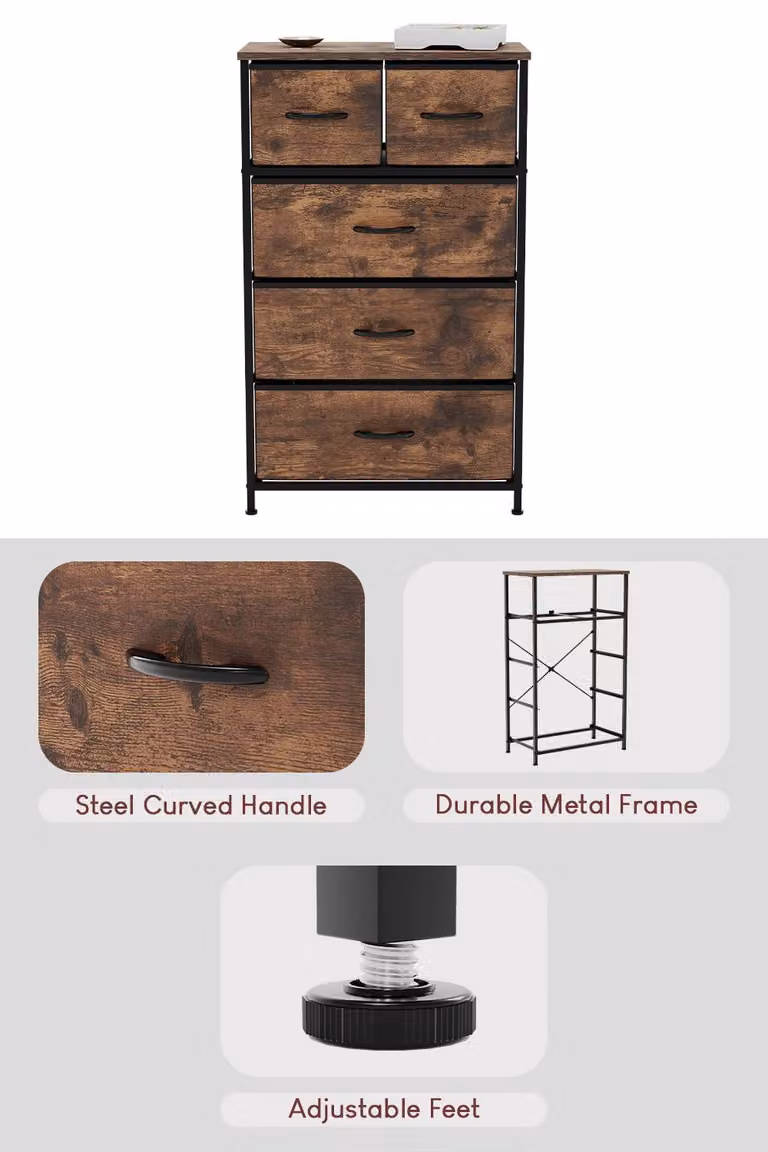 HD Designs Chorley 5 Drawer Chest of Drawers Fabric and Metal Storage Organiser in Brown