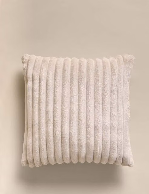 M&S Ribbed Fleece Square Cushion in Beige and Multicolour Striped Polyester