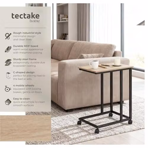 tectake C-Shaped Industrial Side Table with Steel Frame and Swivel Castors, Light Wood and Black, W: 48 cm, D: 35 cm, H: 70 cm – 3