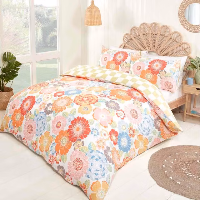 Rapport Home Hippy Floral Reversible Duvet Set with Pillowcase, Multicolor and Yellow, Duvet Cover: 135 x 200 cm, Pillowcase: 50 x 75 cm