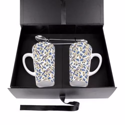 Purely Home Ornate Blue and Gold Floral Ceramic Latte Mug and Spoon Gift Set for Adults – 2