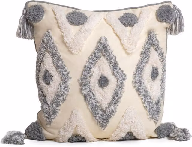 Intimates Boho Tassel Heavy Tuft Square Cushion in Grey and Multicolour