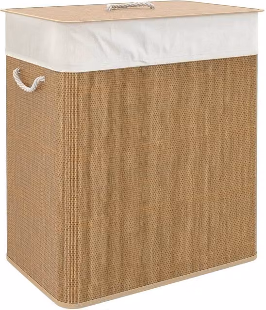 KORVIXA Brown 100L Bamboo Double Laundry Hamper with Removable Bag W/D/H: 100 x 100 x 100 cm