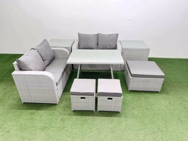 Fimous 7 Seater Rattan Garden Furniture Set in Light Grey