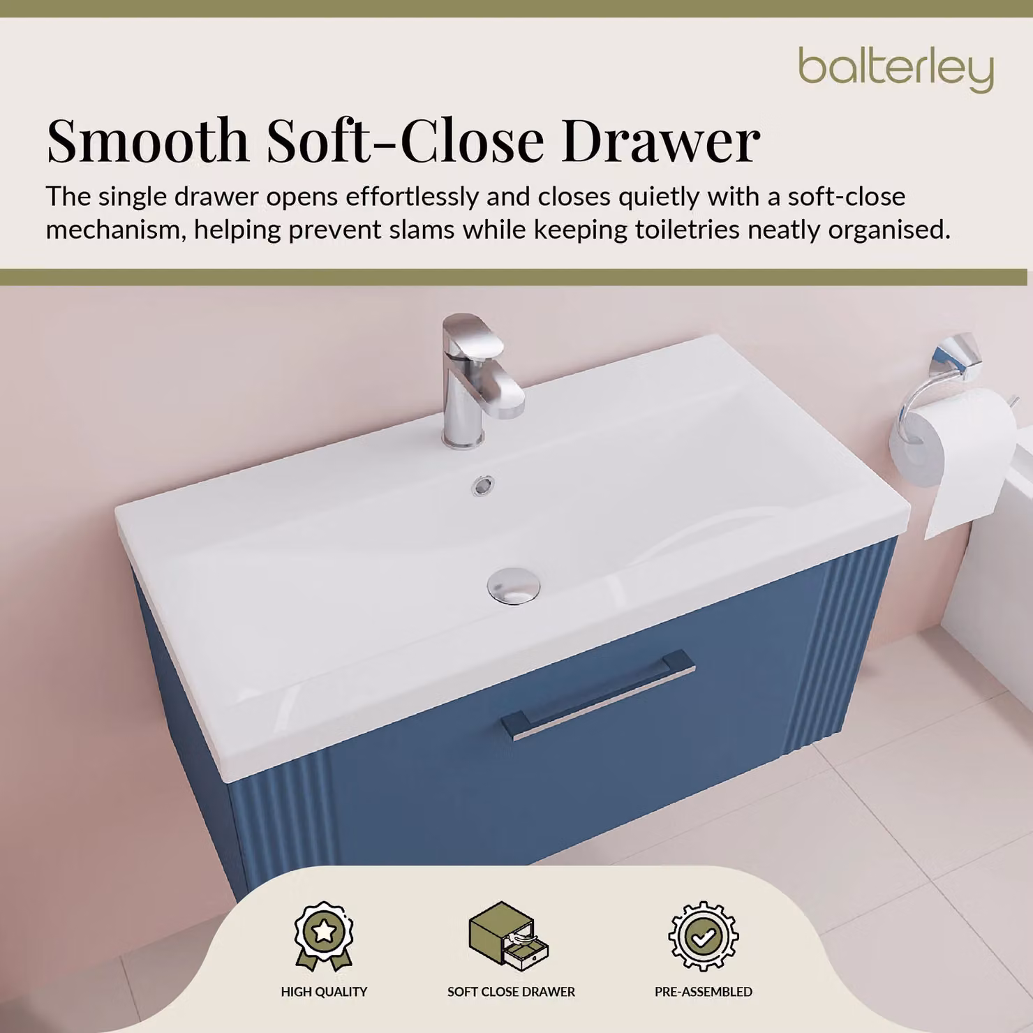 Balterley Wall Hung 1 Drawer Vanity Unit with Mid-Edge Basin, Satin Blue – 3
