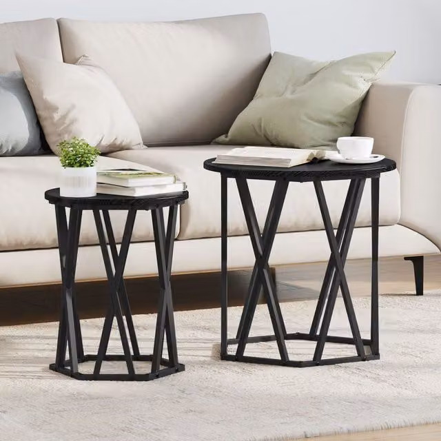 Berkfield Home Black Oak and Metal Modern Geometric Coffee Table with Round Nested Tops and X-Frame Design
