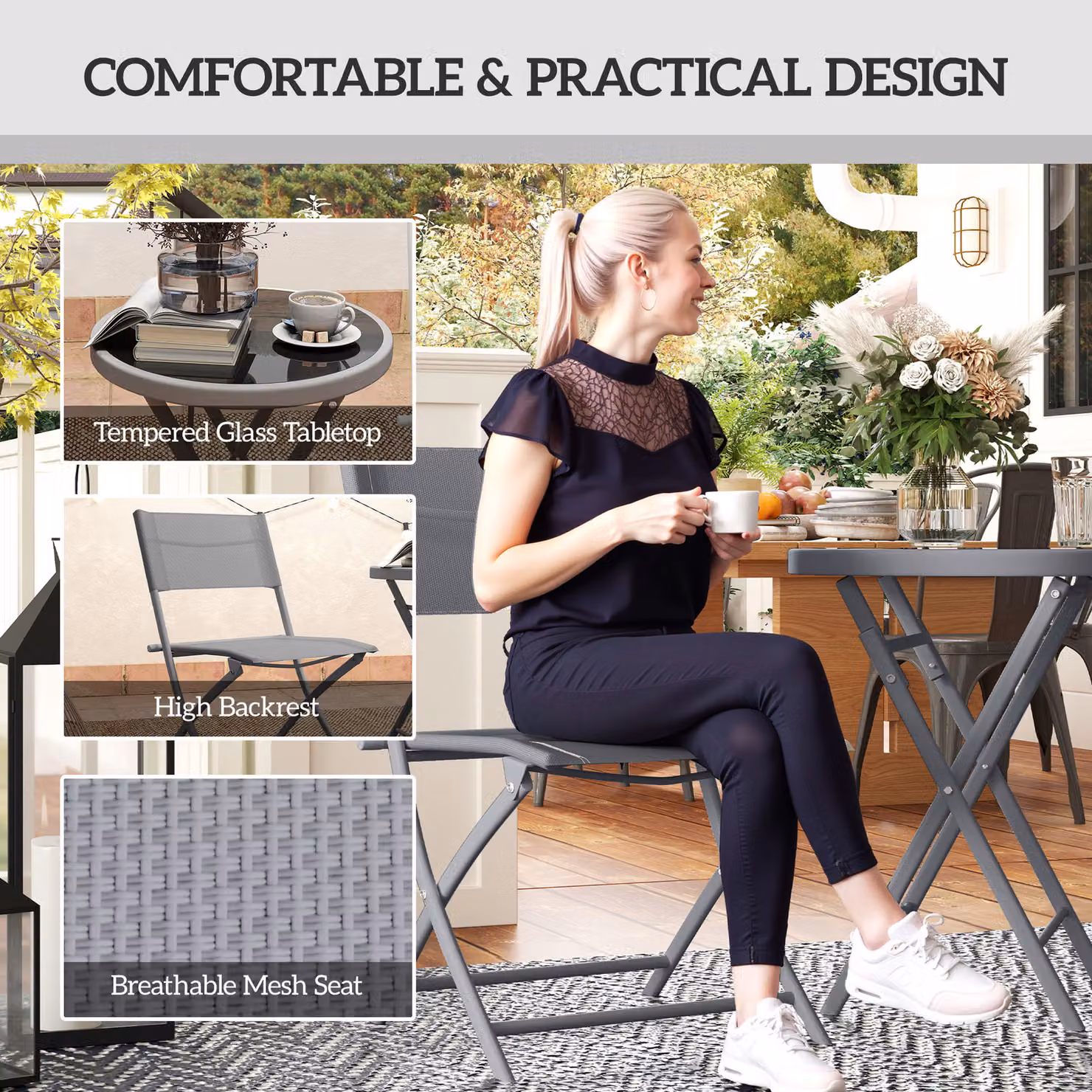 Outsunny 3 Piece Outdoor Bistro Set with Round Glass Top Table and 2 Folding Chairs in Grey – 4