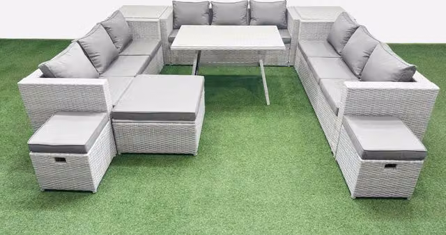 Fimous 12 Seat PE Rattan Garden Furniture Set in Light Grey with 2 Side Tables and 3 Stools