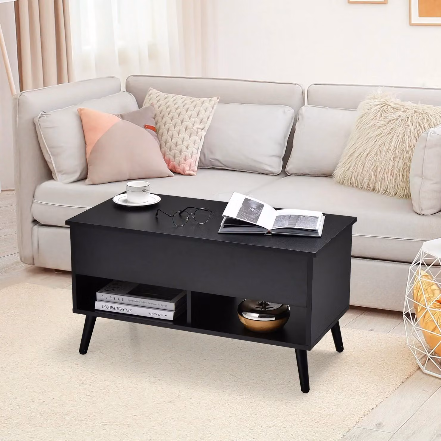 Gymax Modern Rectangular Lift Top Coffee Table with 2 Open Shelves in Black – 3