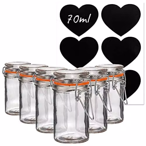 Argon Tableware Set of 6 Transparent Glass Storage Jars with Clip Lids and Heart Labels, 70ml – 1