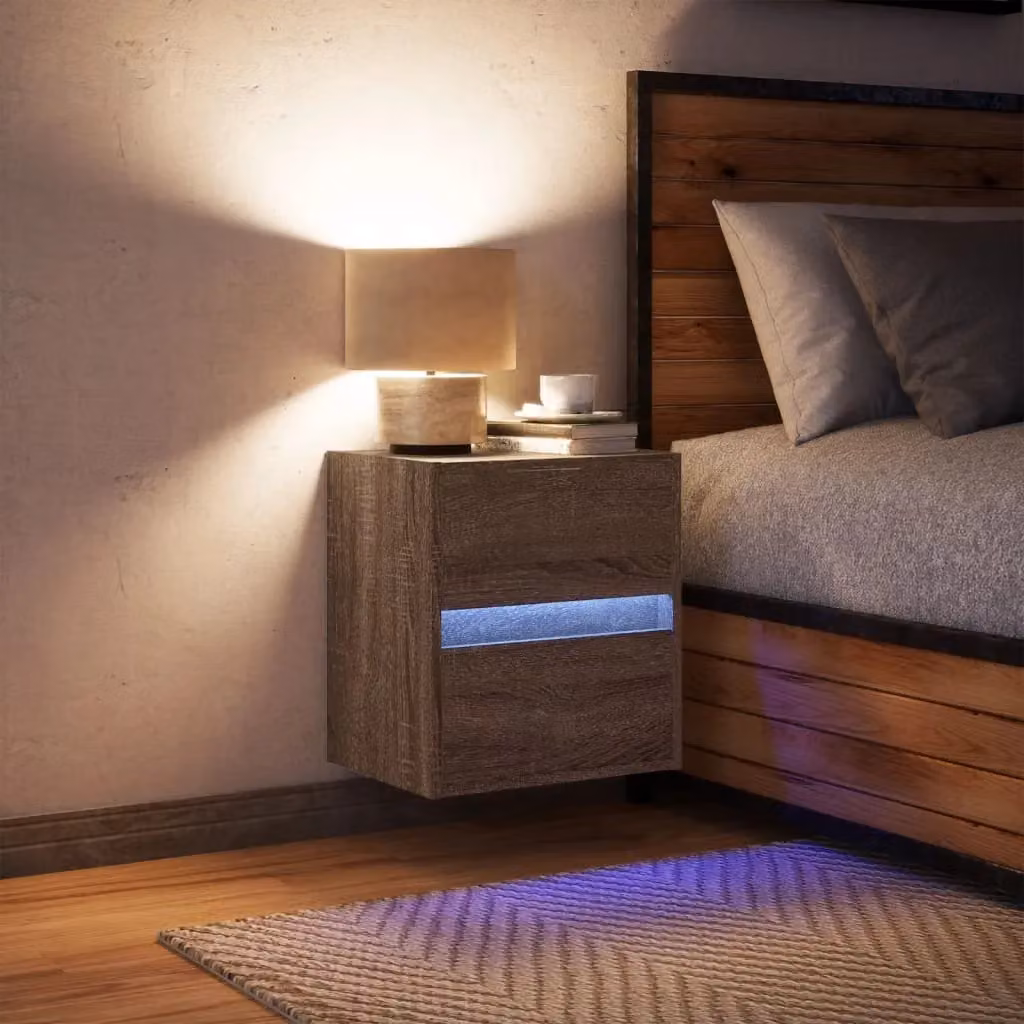 Berkfield Home Wall-mounted Bedside Cabinet with Integrated LED Lights in Brown Oak – 3