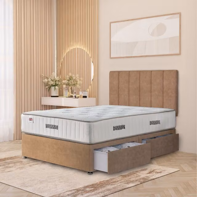 Somnior Beds Ltd Austin Plush Velvet Orthopaedic Divan Bed Set with Hybrid Mattress, Headboard and Drawers in Beige