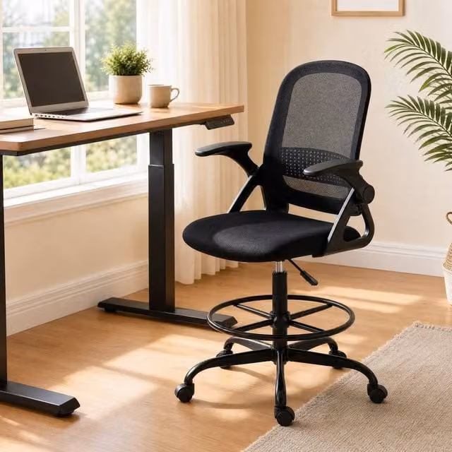 STILVORA Black Fabric Drafting Chair with Flip-up Armrests and Foot Ring