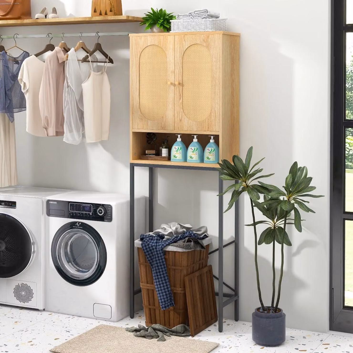 Costway Freestanding Over The Toilet Storage Cabinet with Rattan Doors in Natural Brown – 3