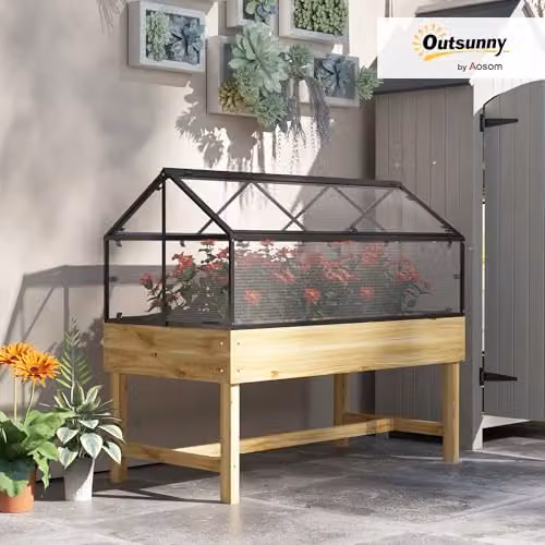 Outsunny Raised Garden Bed with Polycarbonate Cold Frame Greenhouse in Sand – 2