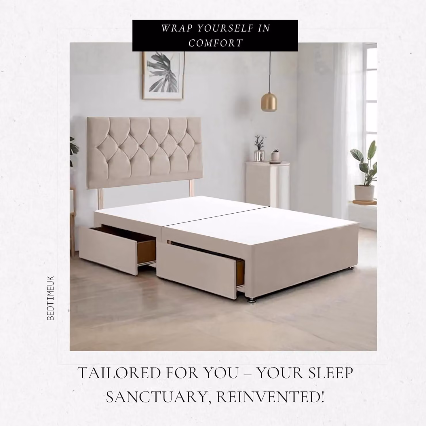 Bed Time UK Ziggy Plush Velvet Divan Bed Frame with 2 Drawers and 20 inch Headboard in Beige, W/D/H: 140 x 200 cm – 2