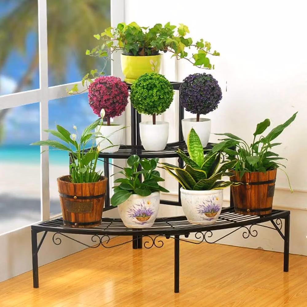 Kelvenix 3 Tier Black Matt Metal Corner Plant Stand and Step Shelf for Garden, Balcony or Terrace – 3