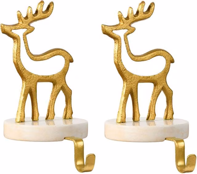 Dibor Set of 2 White Marble and Gold Reindeer Christmas Stocking Holders – 1