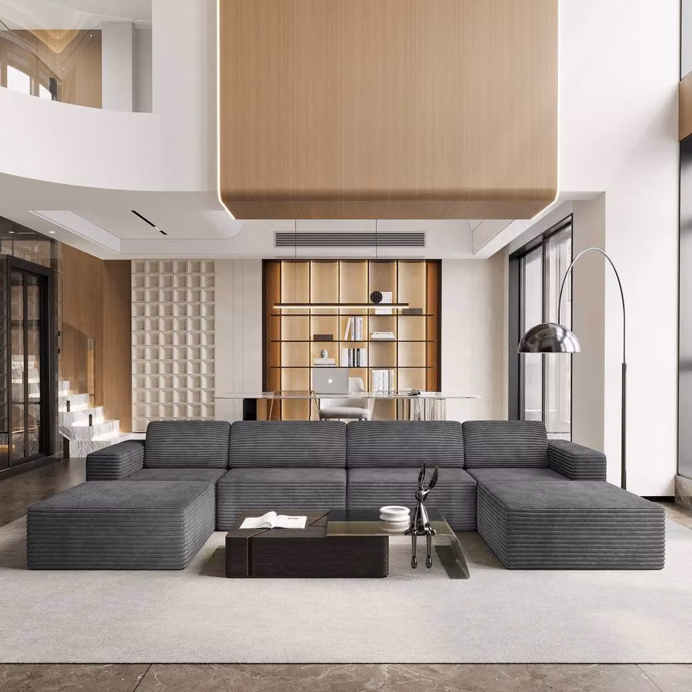 Dprodo Grey Corduroy Modular U-Shape Sofa with Matching Ottoman and Removable Covers – 7