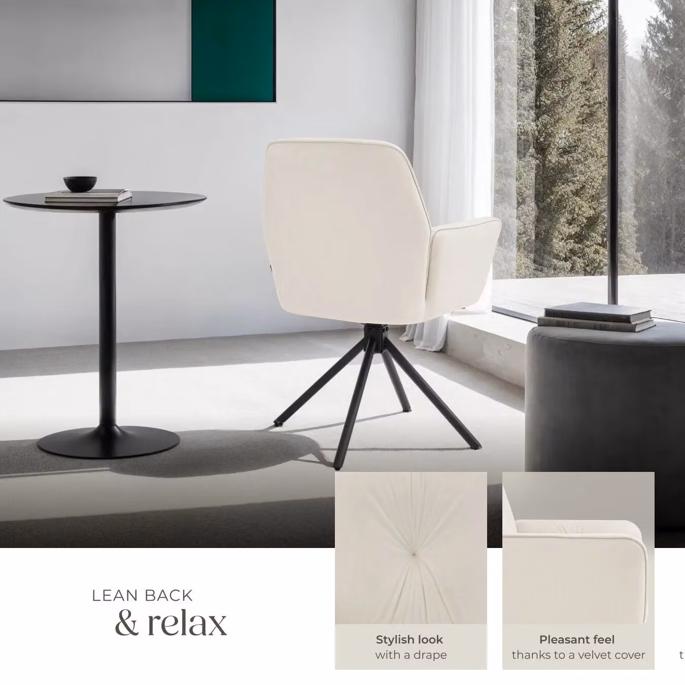 tectake Lenia Set of 4 Swivel Chairs in Cream Velvet and Black – 3