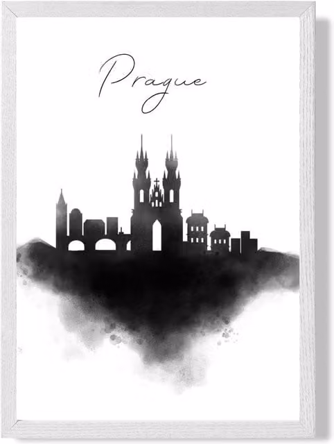 ARTZE Prague Watercolour Skyline City Framed Print with White Frame in Black, A3